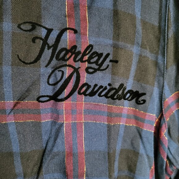 Harley Davidson Plaid Metallic Button Up Shirt Womens Medium Roses Navy Blue - Picture 3 of 10